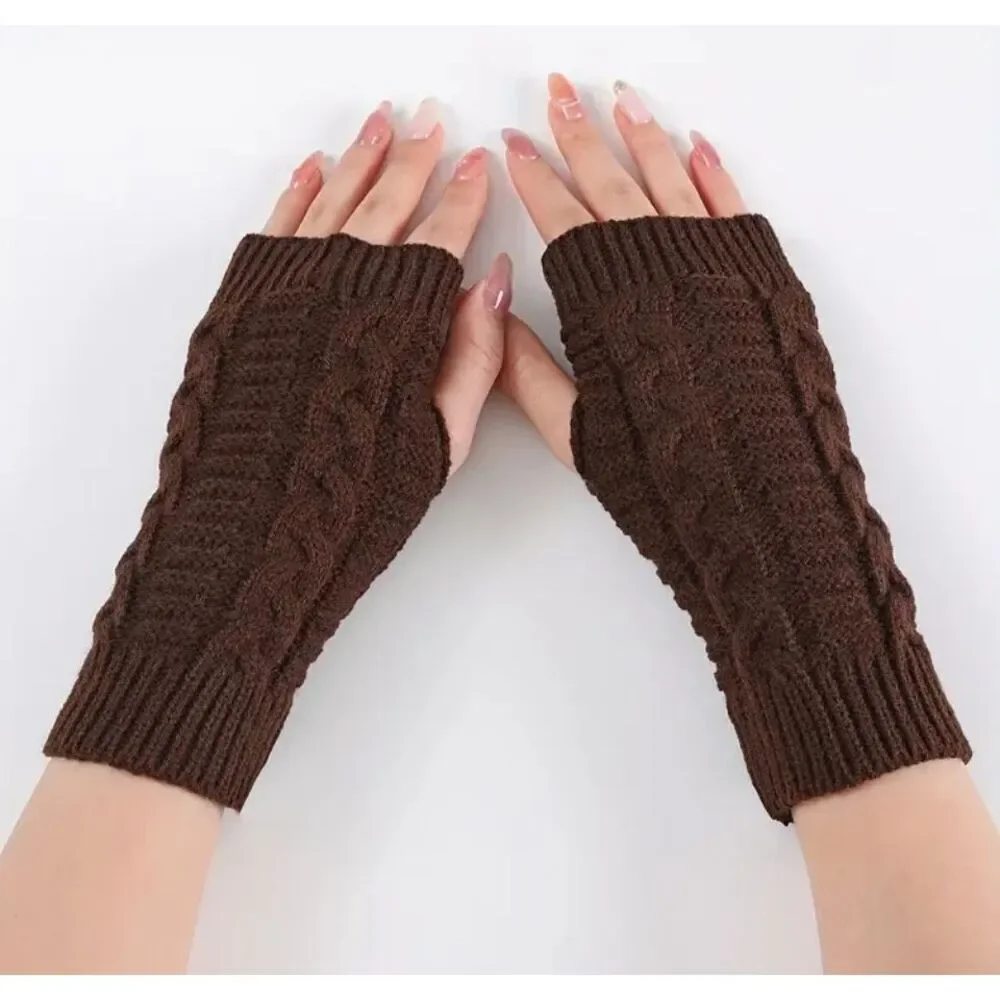 Women’s Cable Knit Fingerless Gloves Brown One Size